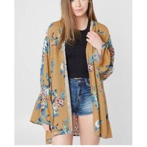 GIMMICKS by BKE 100% Rayon Floral Kimono Wrap Brown Blue Pink Boho Colorful